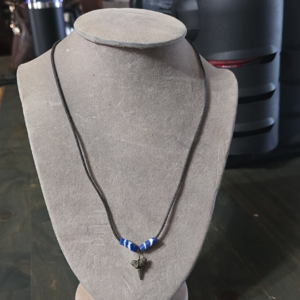 Blue and White Beaded Shark Tooth  Necklace